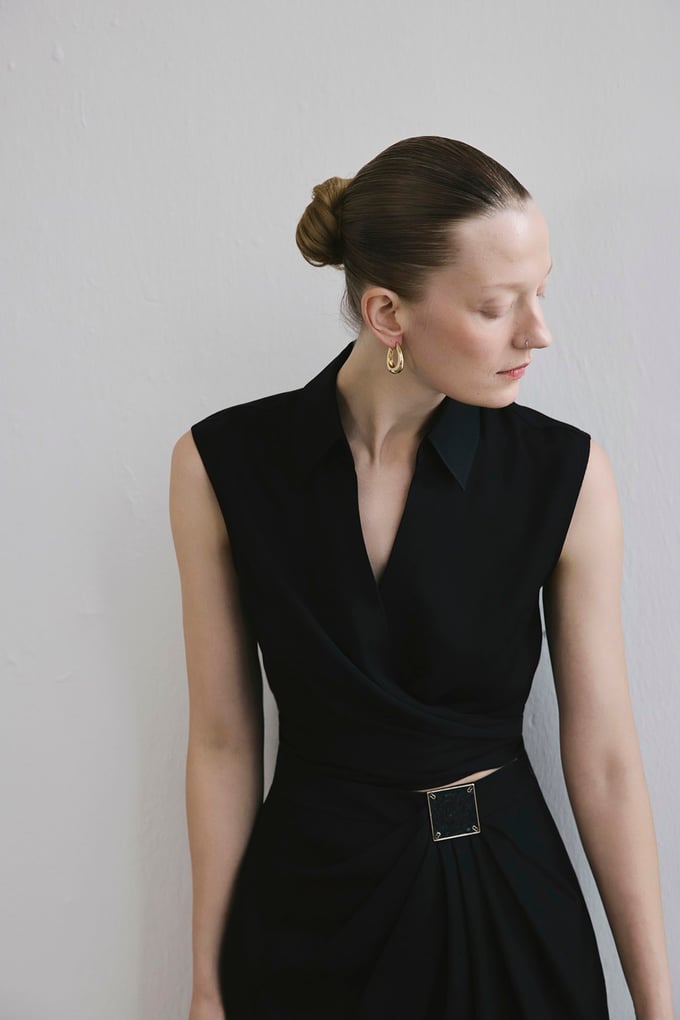 Tie Front Linen Blend Black Vest