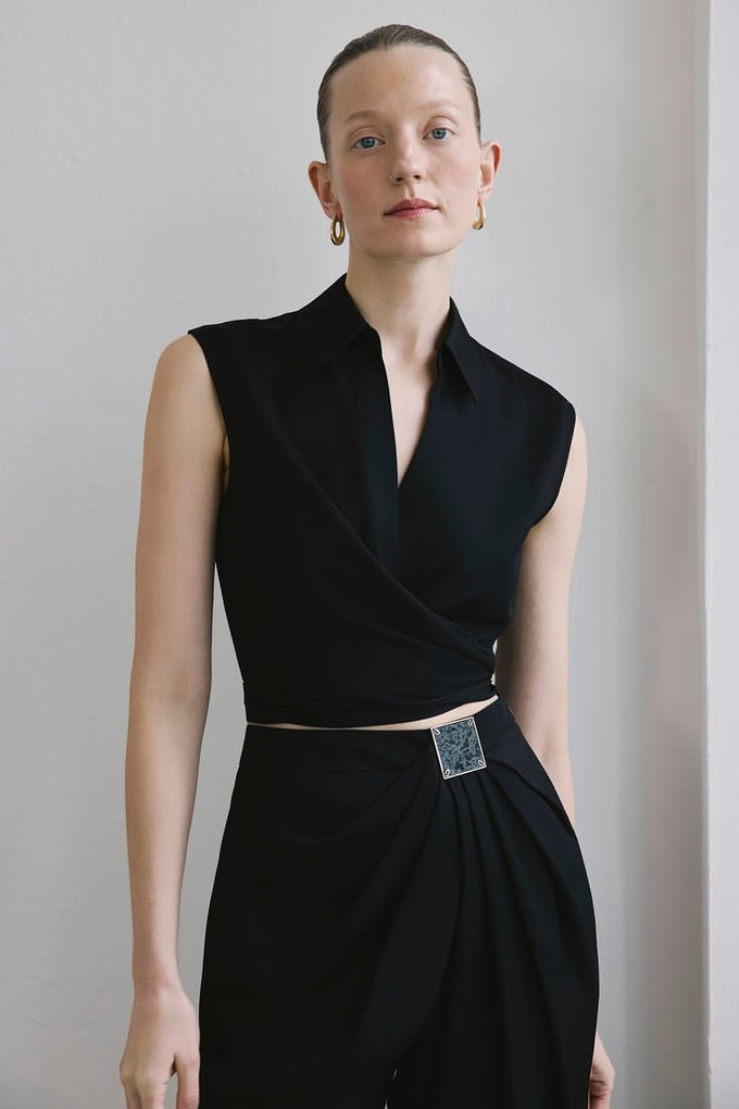 Tie Front Linen Blend Black Vest
