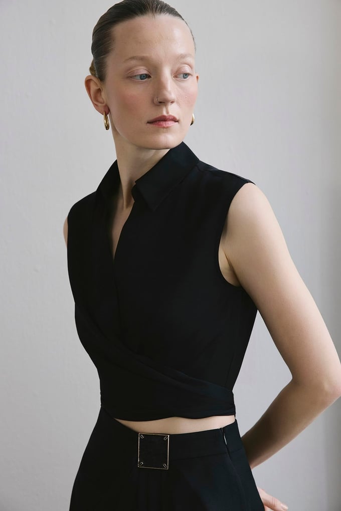 Tie Front Linen Blend Black Vest