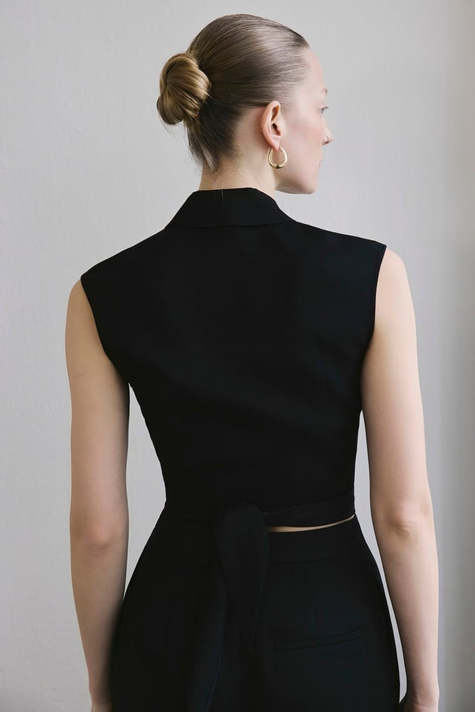 Tie Front Linen Blend Black Vest