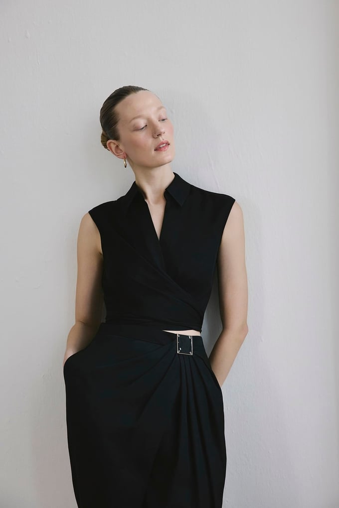 Tie Front Linen Blend Black Vest