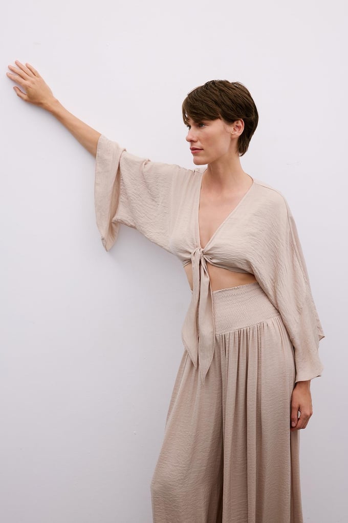 Tie-Front Relaxed Beige Crop Blouse