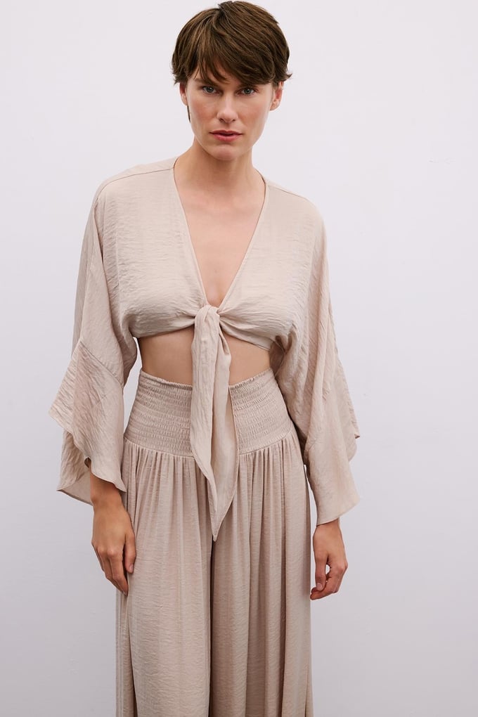 Tie-Front Relaxed Beige Crop Blouse