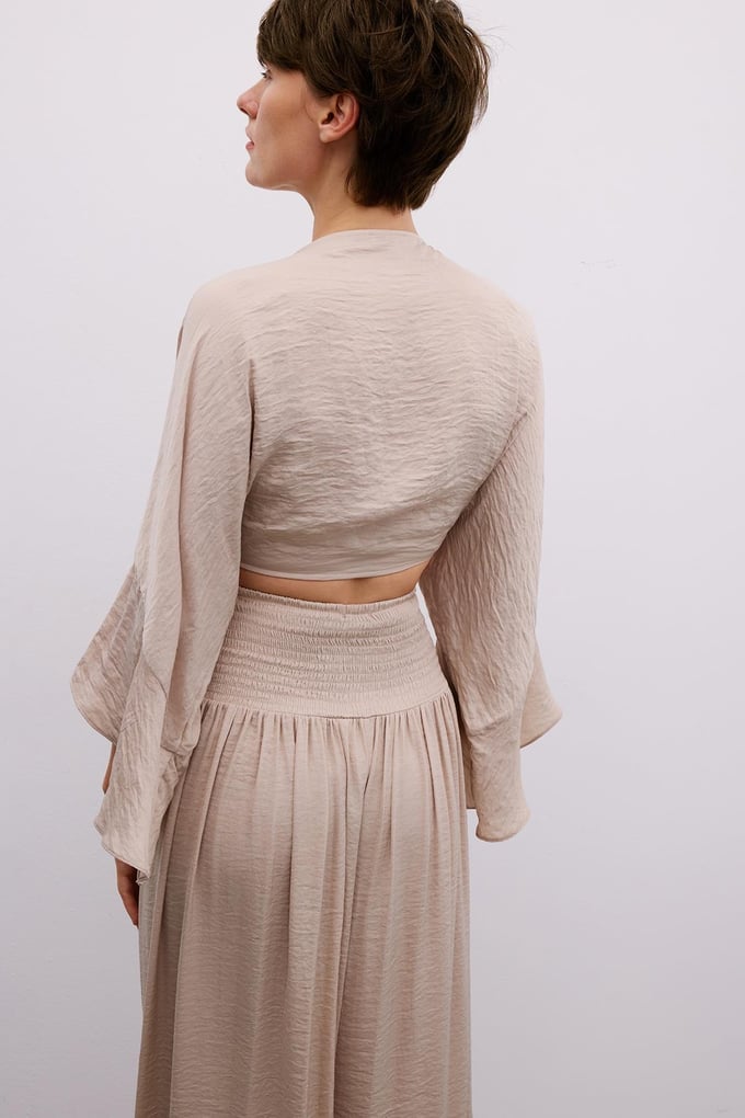 Tie-Front Relaxed Beige Crop Blouse