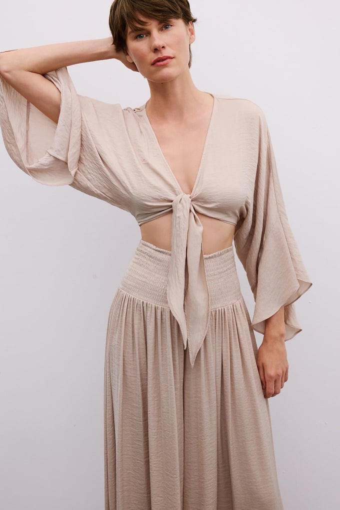 Tie-Front Relaxed Beige Crop Blouse