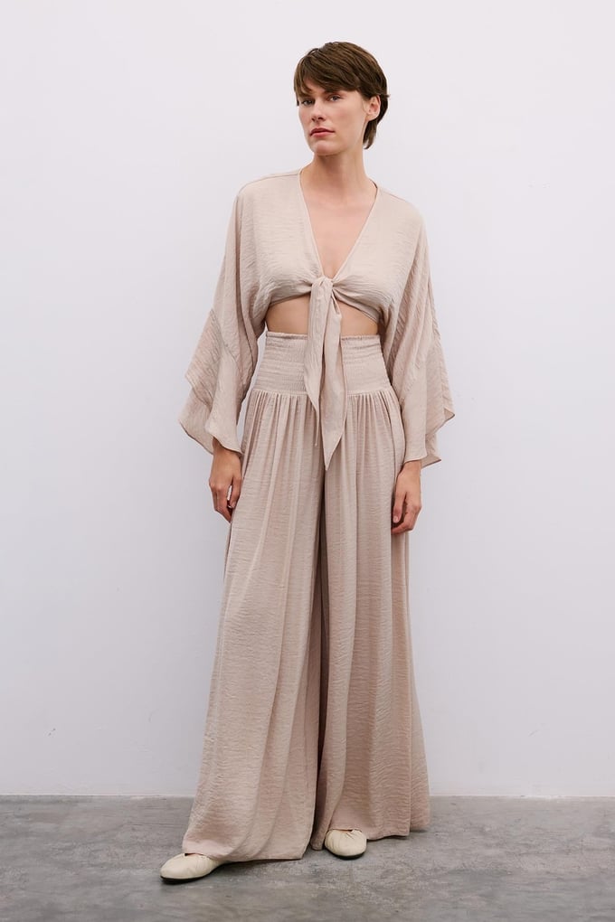 Tie-Front Relaxed Beige Crop Blouse