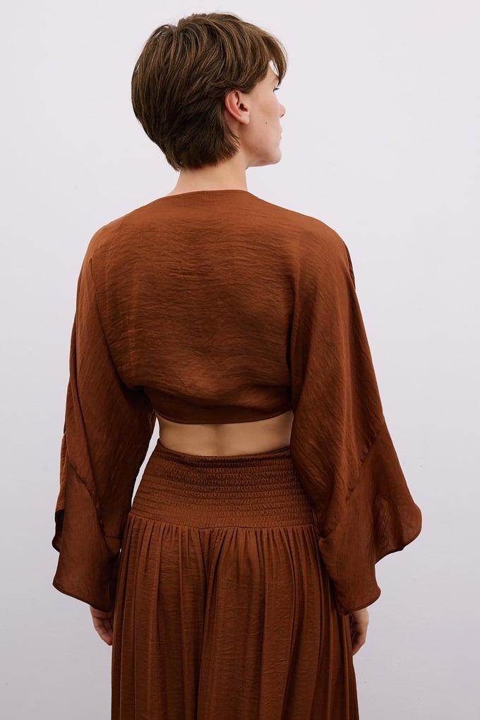Tie-Front Relaxed Brown Crop Blouse