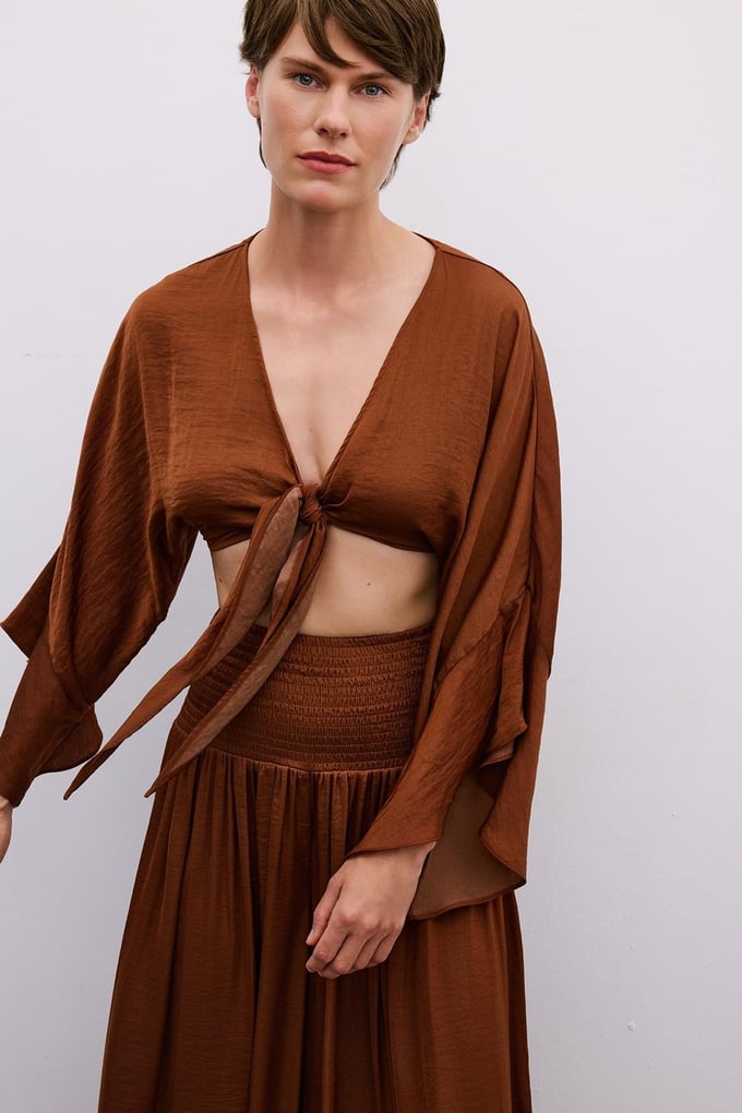 Tie-Front Relaxed Brown Crop Blouse