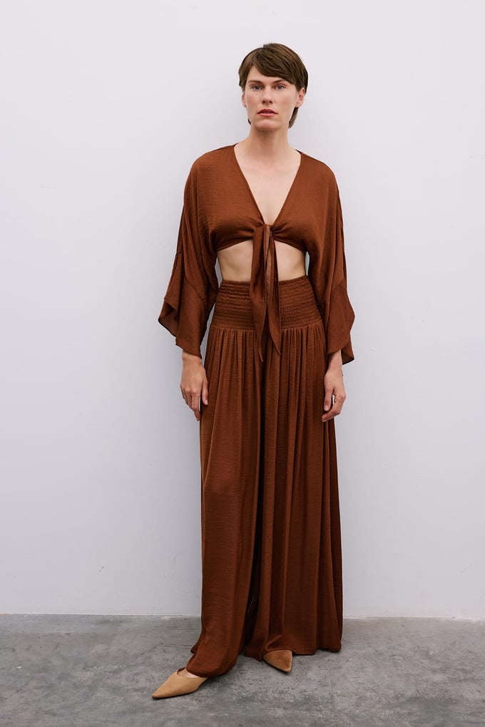 Tie-Front Relaxed Brown Crop Blouse