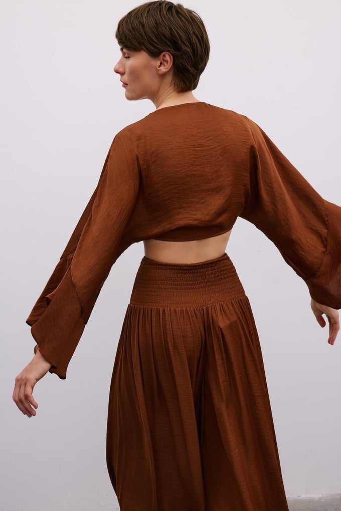 Tie-Front Relaxed Brown Crop Blouse