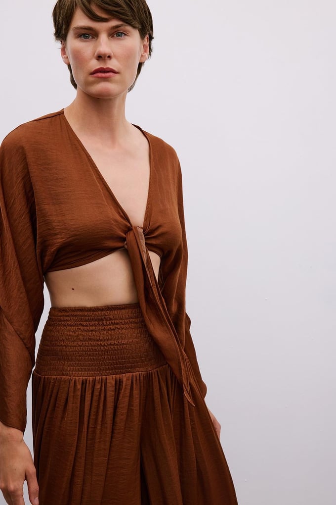 Tie-Front Relaxed Brown Crop Blouse