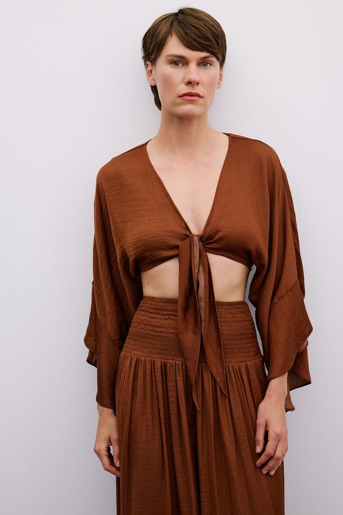 Tie-Front Relaxed Brown Crop Blouse