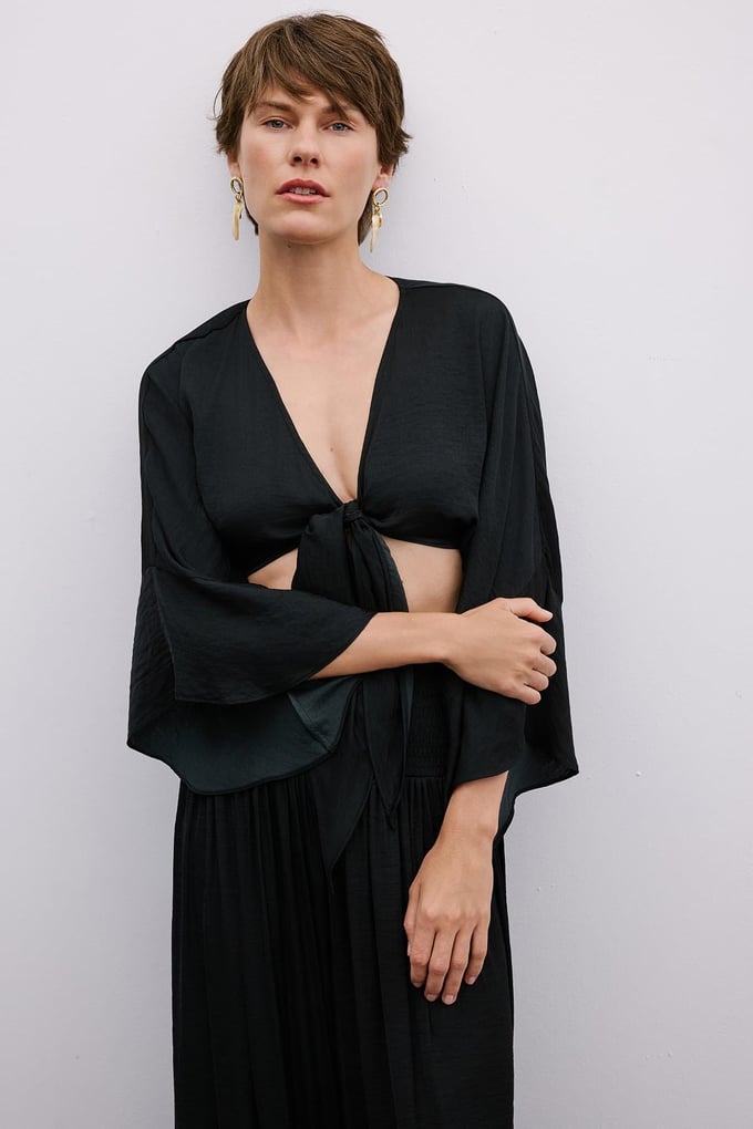 Tie-Front Relaxed Black Crop Blouse