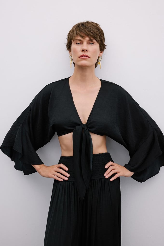 Tie-Front Relaxed Black Crop Blouse