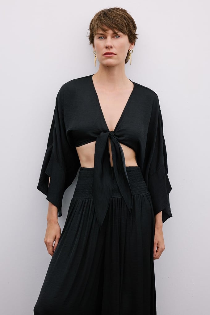 Tie-Front Relaxed Black Crop Blouse