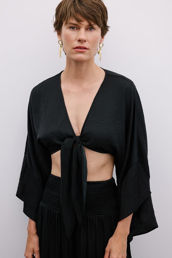 Tie-Front Relaxed Black Crop Blouse