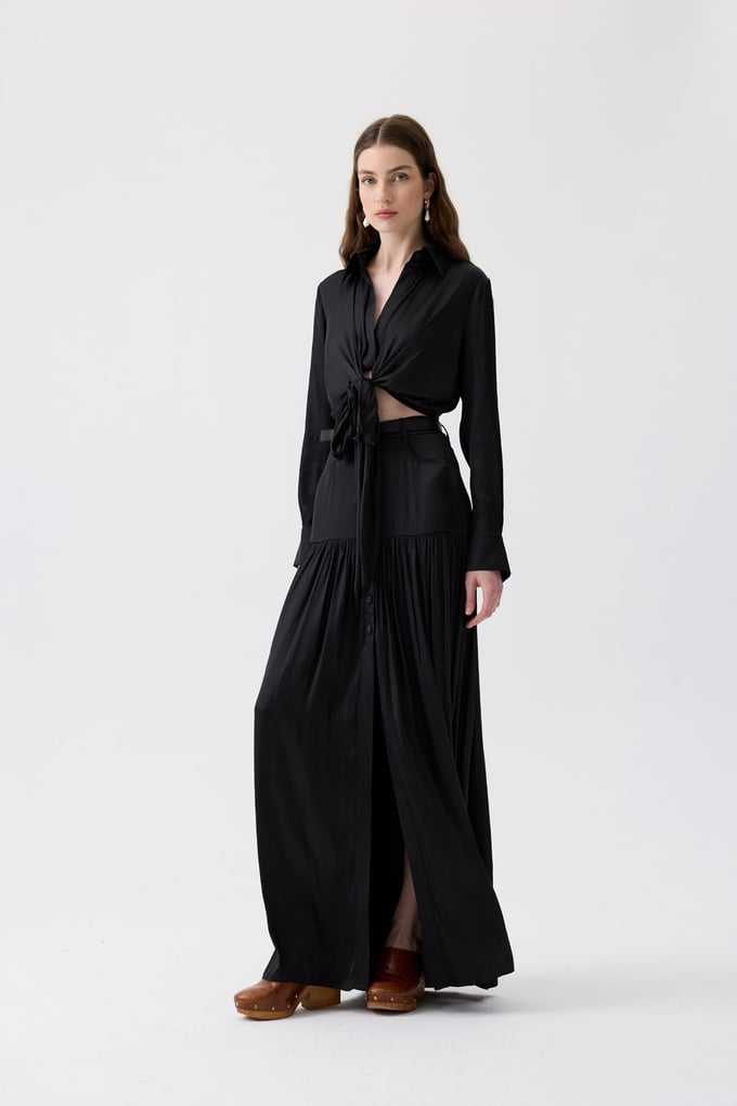 Tie-Detail Long Sleeve Black Blouse