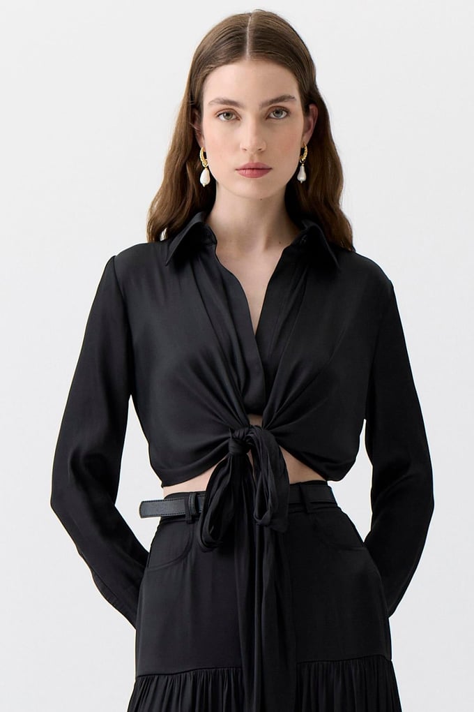Tie-Detail Long Sleeve Black Blouse
