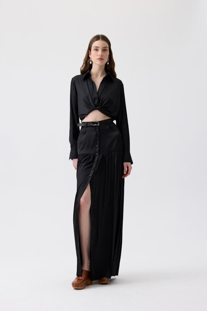 Tie-Detail Long Sleeve Black Blouse