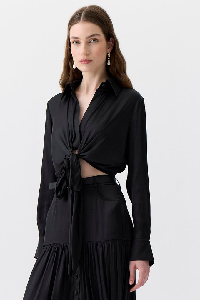 Tie-Detail Long Sleeve Black Blouse