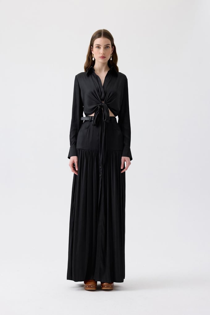 Tie-Detail Long Sleeve Black Blouse