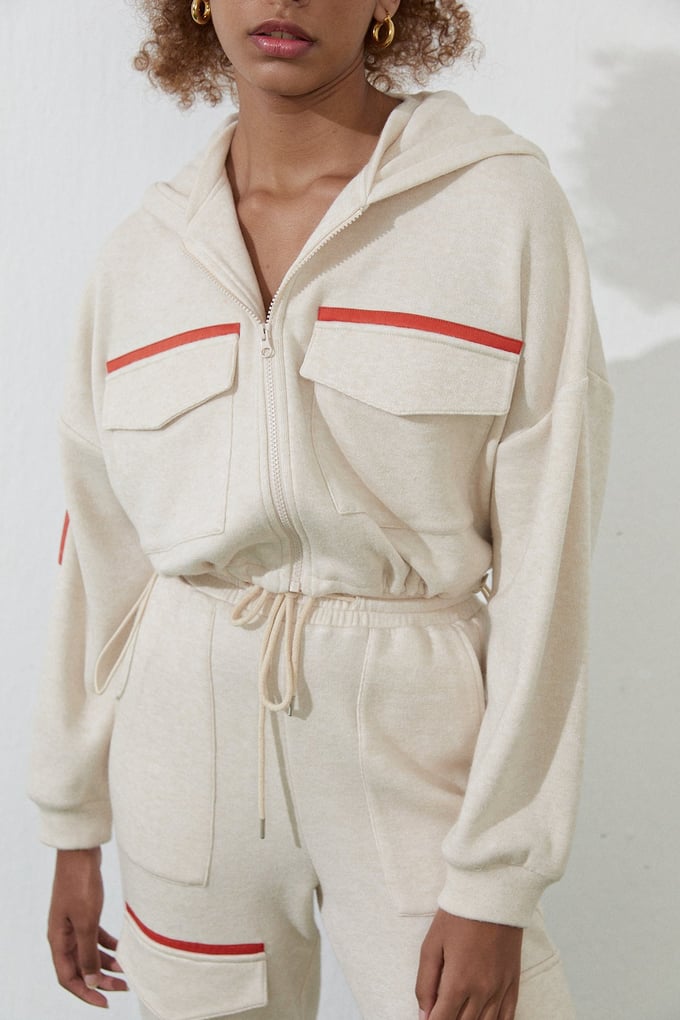 Ekru Kapüşonlu Fermuarlı Crop Sweatshirt