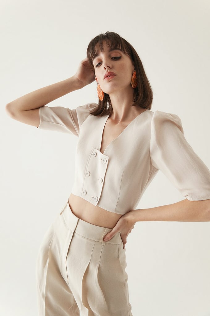 Cropped Blouse With Puff Sleeves