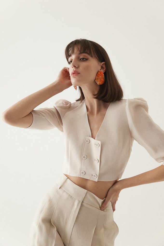 Cropped Blouse With Puff Sleeves