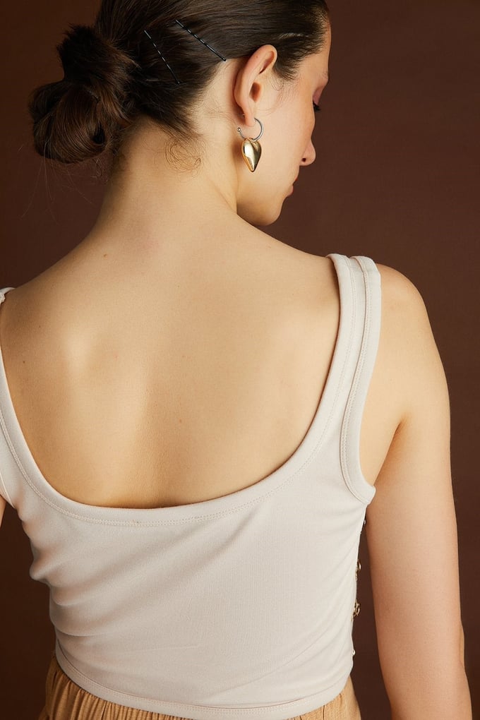 Bej Korse İlhamlı Crop Bluz