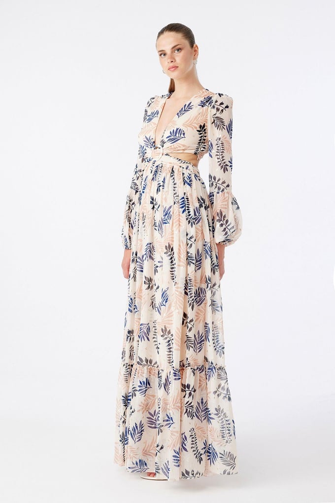 Beige Cut-Out Waist Patterned Dress