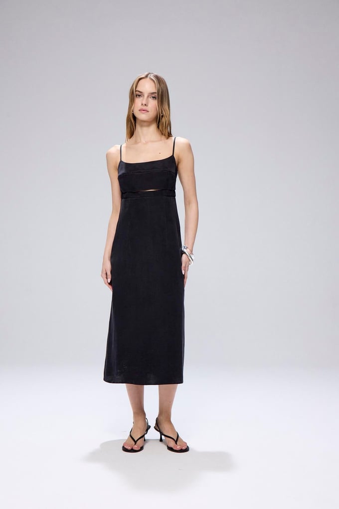 Waist Cutout Black Midi Dress