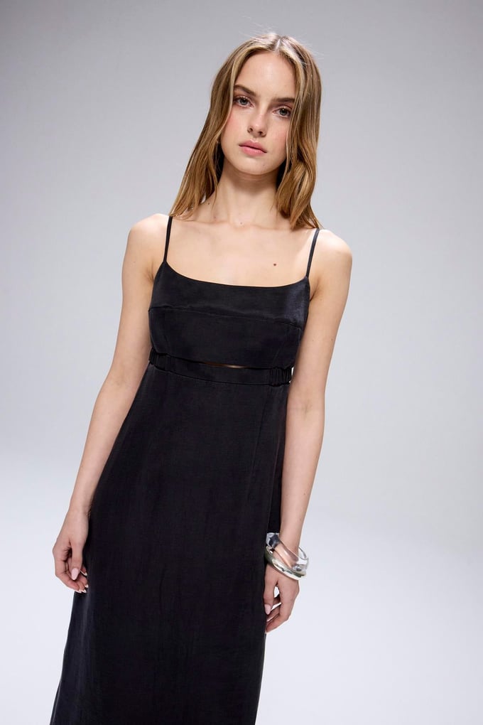 Waist Cutout Black Midi Dress