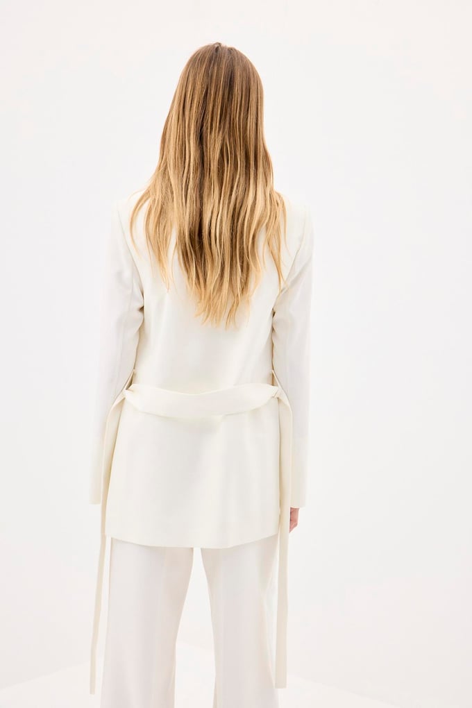 Belted Long Sleeve Ecru Coat