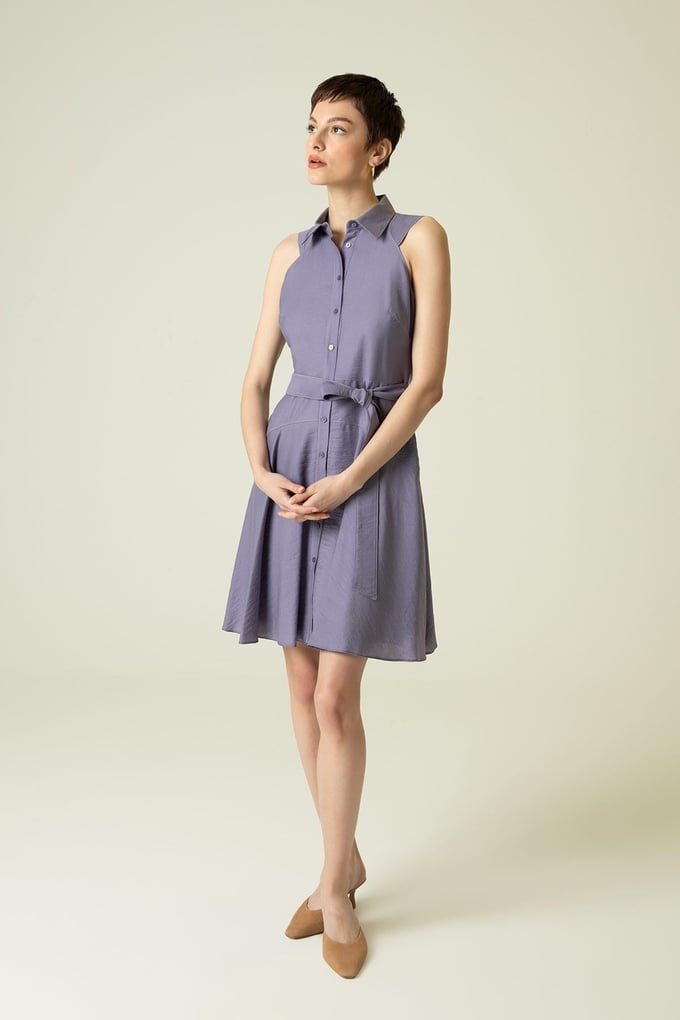 Belted Sleeveless Indigo Shirt Dress