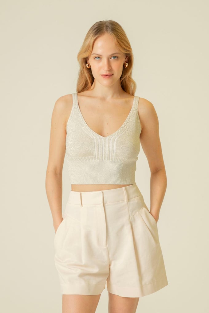 Elastic Waist Detail Strappy Ecru Knit Crop Top