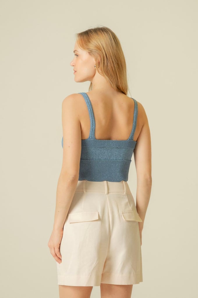 Beli Lastik Detaylı Askılı Mavi Triko Crop Top