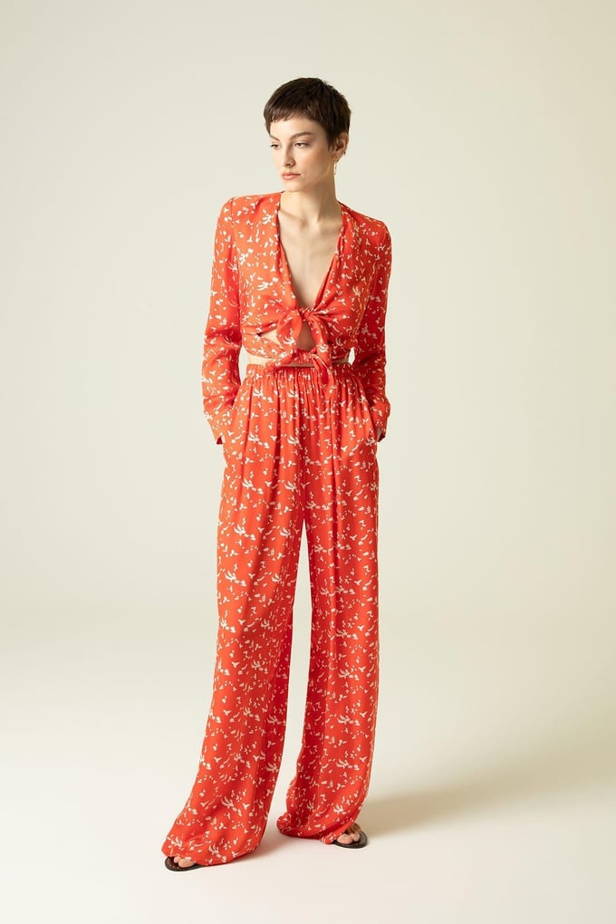 Elastic Waist Patterned Poppy Red Palazzo Trousers