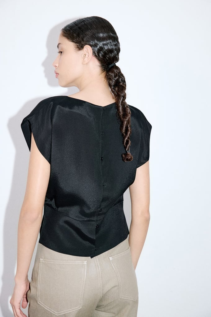 Crew Neck Satin Side Slit Black Blouse