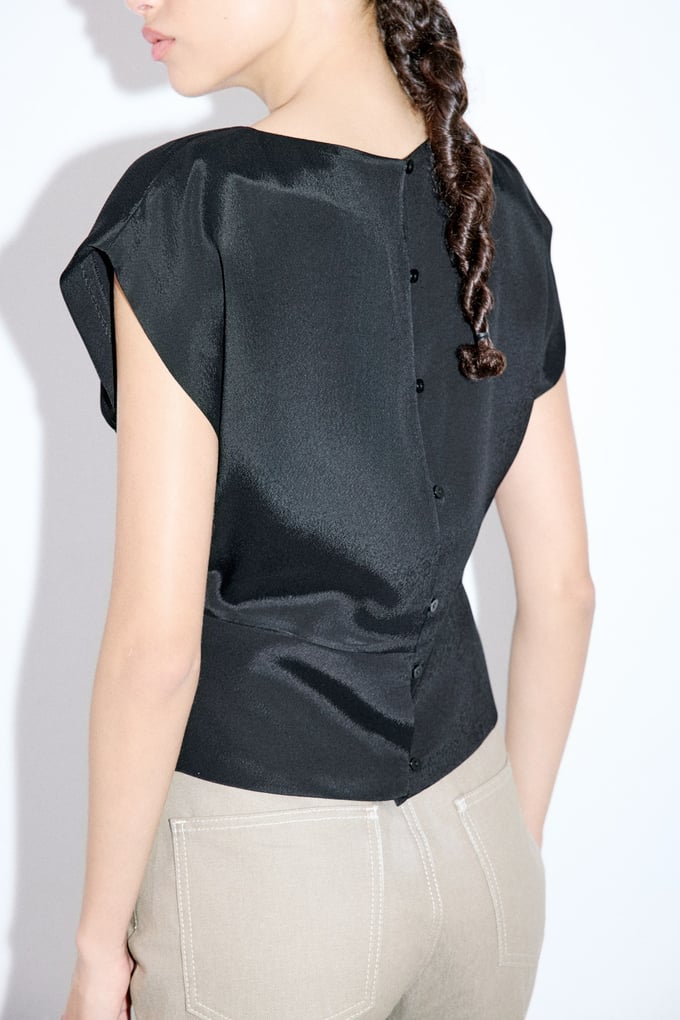 Crew Neck Satin Side Slit Black Blouse