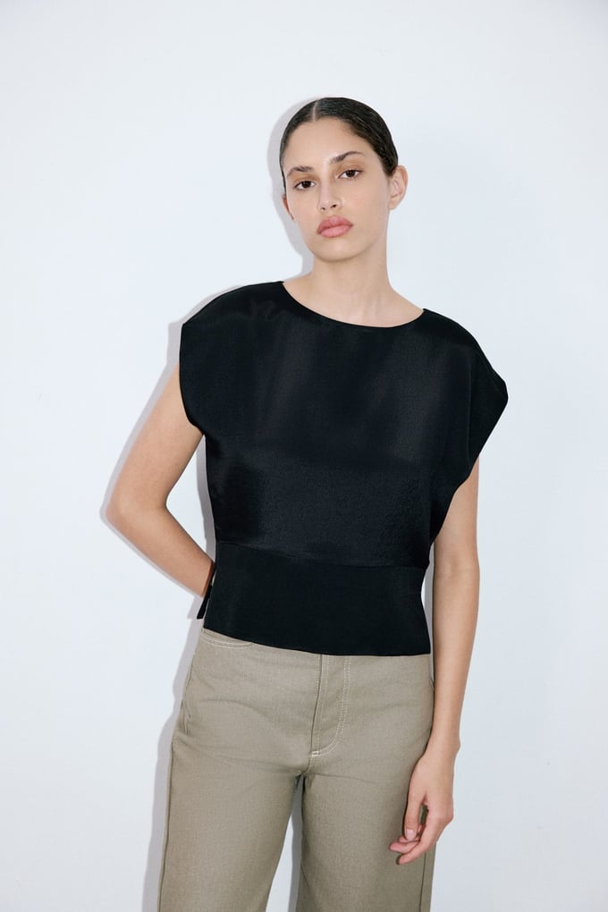 Crew Neck Satin Side Slit Black Blouse