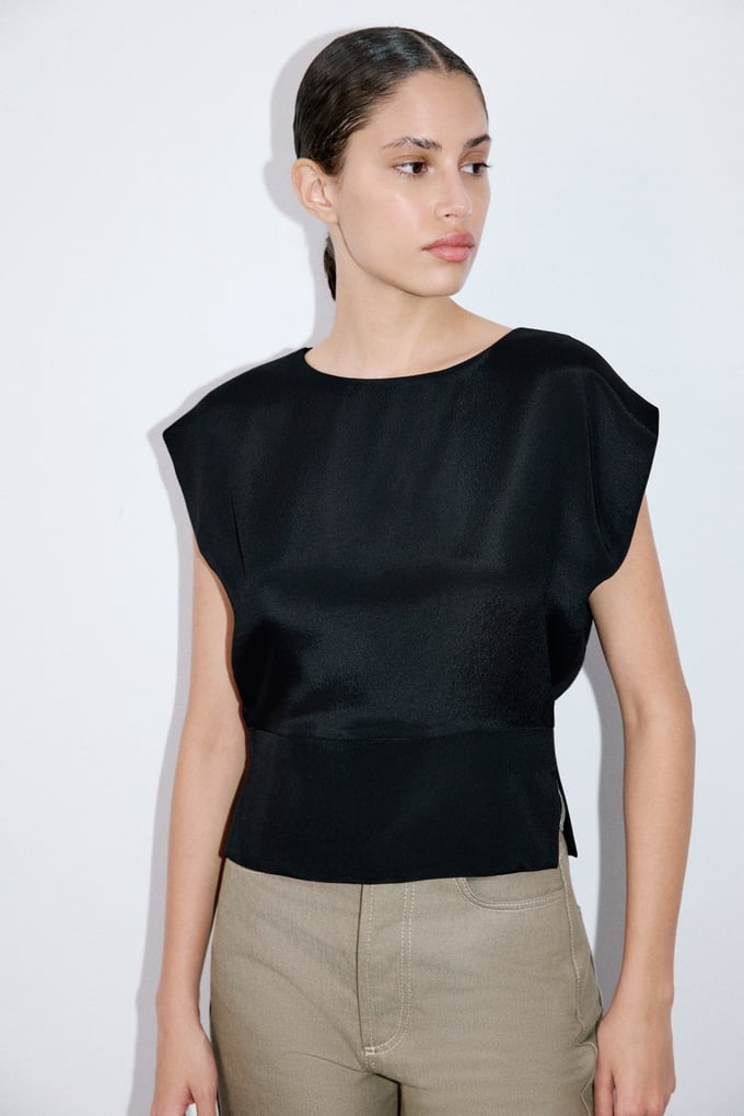 Crew Neck Satin Side Slit Black Blouse