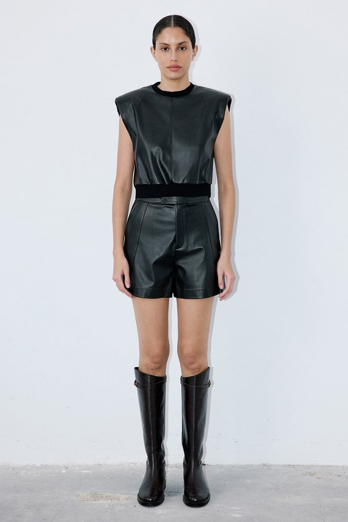 Crew Neck Faux Leather Sleeveless Black Blouse