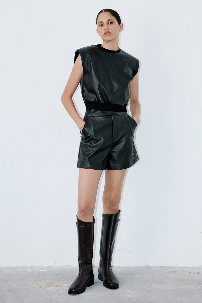 Crew Neck Faux Leather Sleeveless Black Blouse