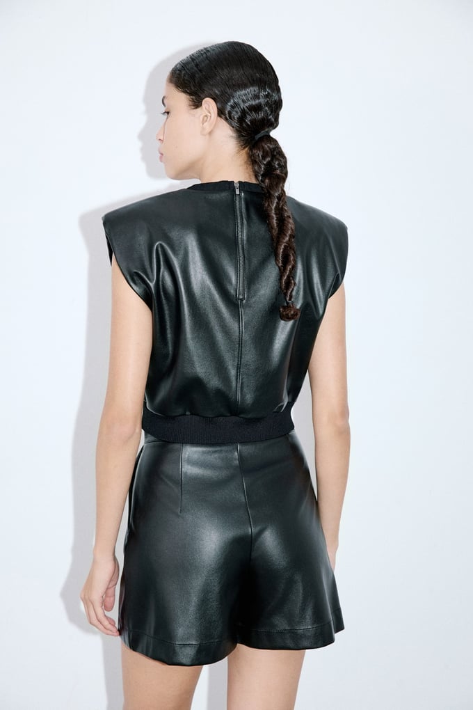 Crew Neck Faux Leather Sleeveless Black Blouse