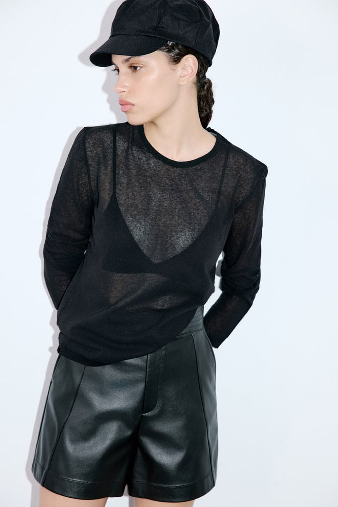 Crew Neck Sheer Knit Black Sweater