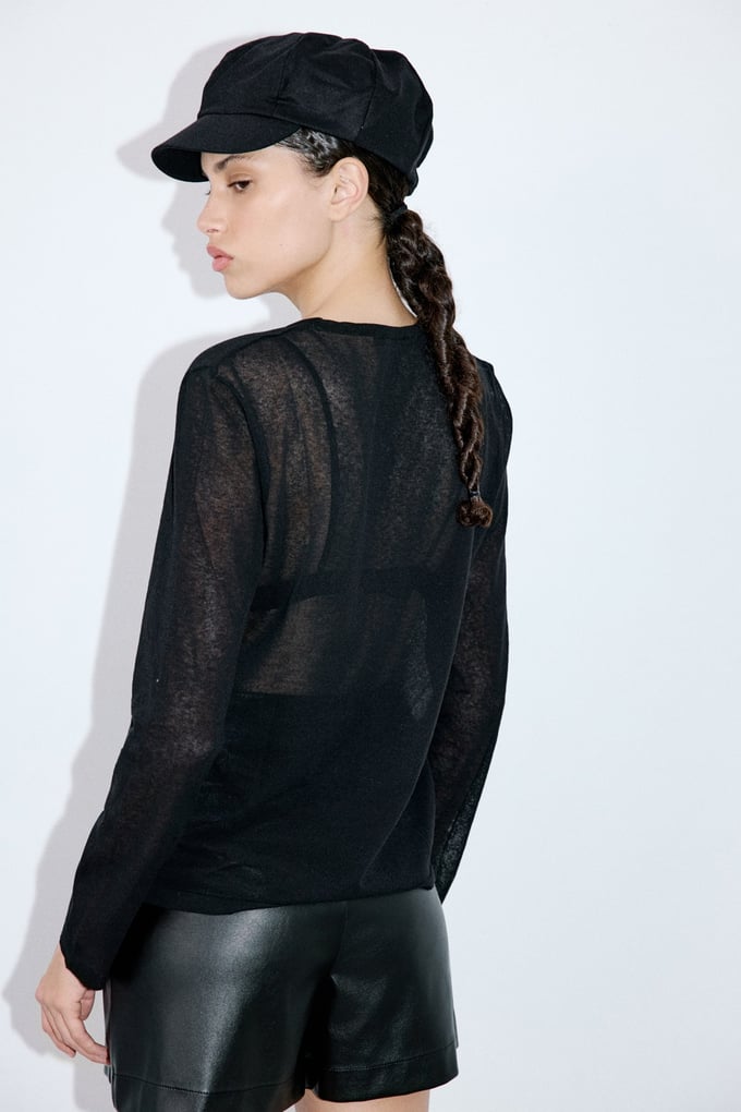 Crew Neck Sheer Knit Black Sweater