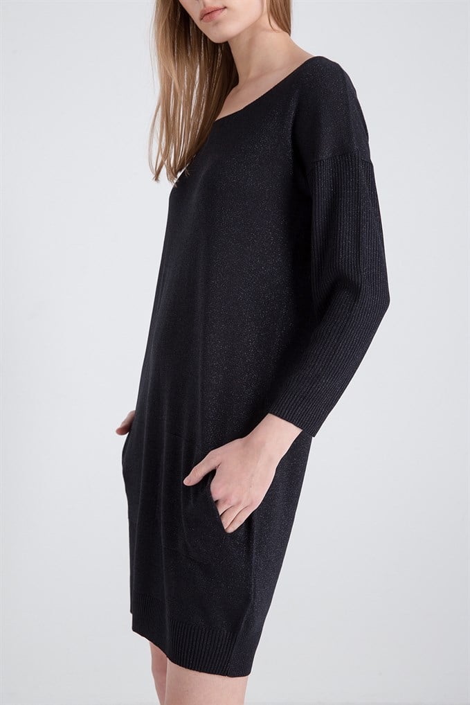 Black Lurex İpli, Cep Detaylı Siyah Triko Elbise