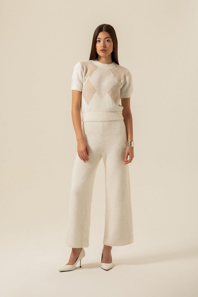 Wide-Leg Knit Ecru Trousers