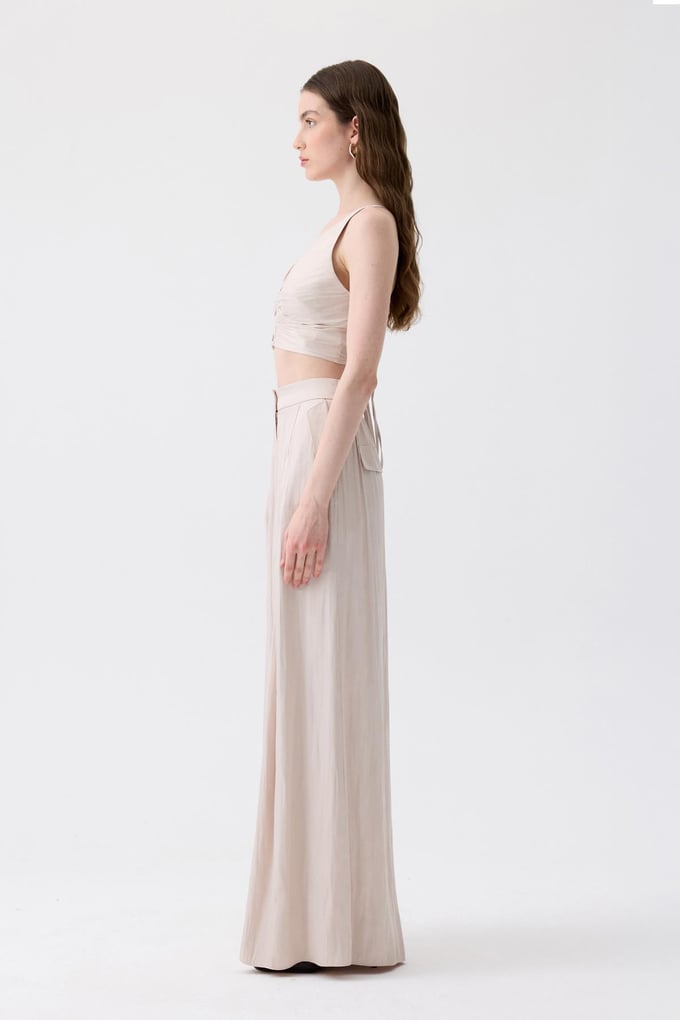 Wide Leg Pleated Detail Ecru Pants