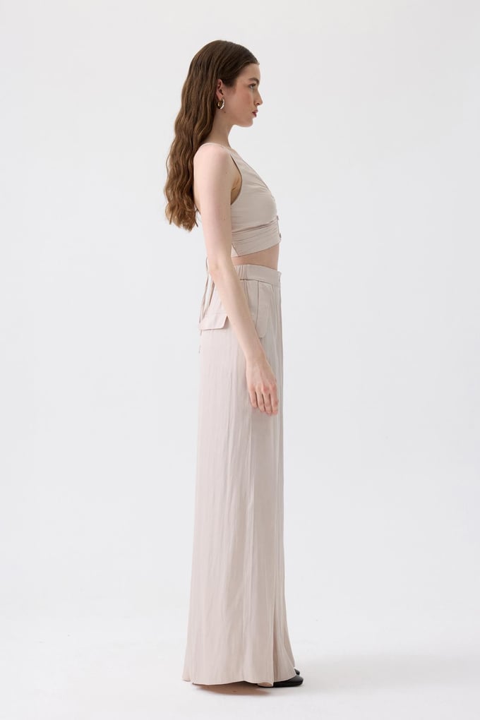 Wide Leg Pleated Detail Ecru Pants